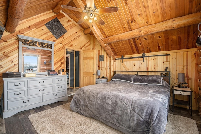 bedroom with lofted ceiling with beams, wood walls, dark wood-type flooring, and wooden ceiling