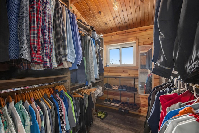 spacious closet featuring hardwood / wood-style floors and lofted ceiling