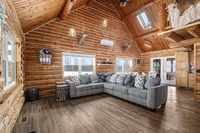 unfurnished living room with a skylight, dark hardwood / wood-style flooring, beamed ceiling, high vaulted ceiling, and wood ceiling
