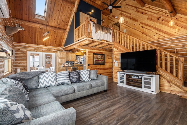 living room featuring high vaulted ceiling, hardwood / wood-style flooring, ceiling fan, beam ceiling, and wood ceiling