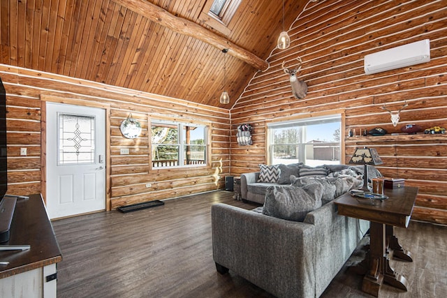 living room with a wall mounted AC, plenty of natural light, high vaulted ceiling, and wood ceiling