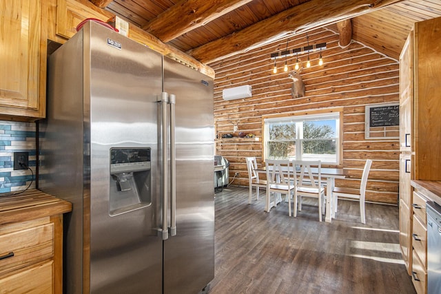 kitchen with log walls, dark wood-type flooring, stainless steel appliances, lofted ceiling with beams, and wood ceiling