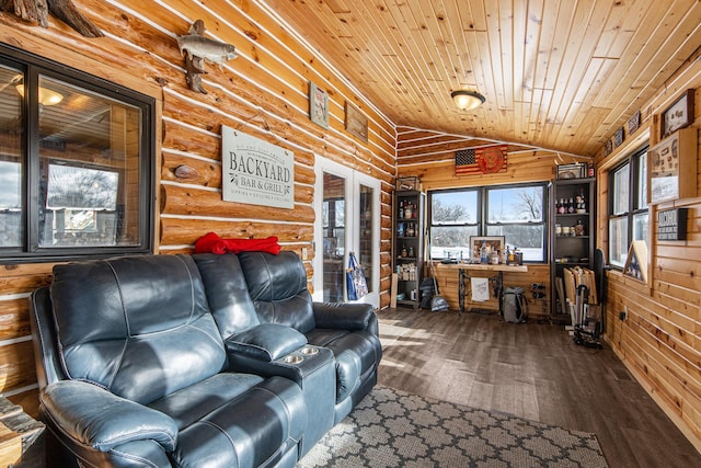 living room with wood ceiling, vaulted ceiling, and hardwood / wood-style flooring