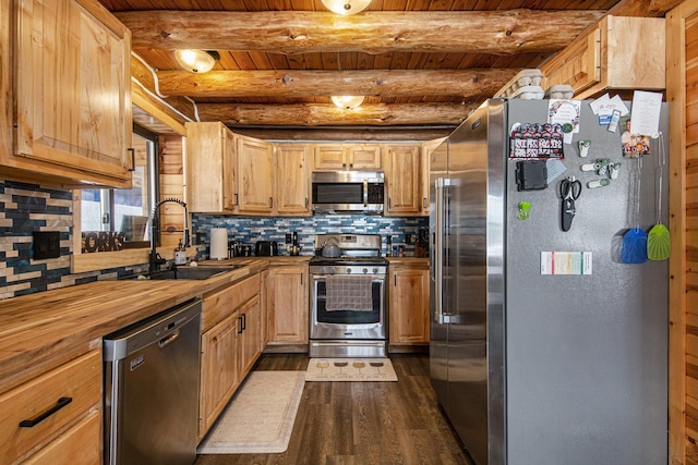 kitchen with beam ceiling, sink, dark wood-type flooring, stainless steel appliances, and light brown cabinetry