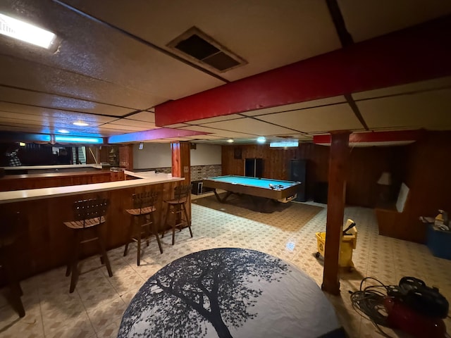 game room with light floors, a drop ceiling, billiards, and visible vents