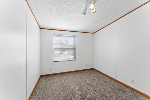 empty room with carpet floors, a textured ceiling, and ornamental molding