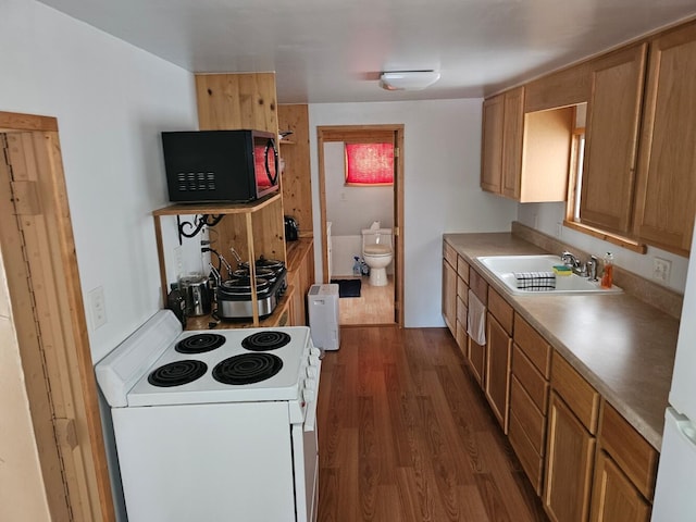 kitchen featuring dark wood-type flooring, white electric range oven, and sink