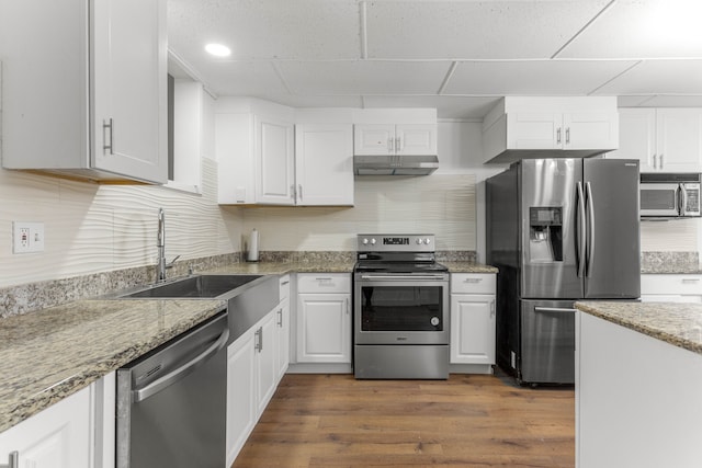 kitchen featuring dark wood-type flooring, white cabinets, sink, light stone countertops, and appliances with stainless steel finishes