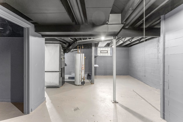 basement with heating unit and water heater