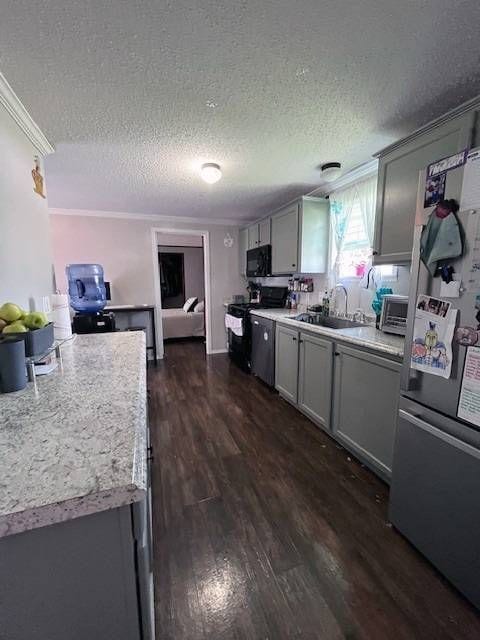 kitchen with gray cabinetry, dark hardwood / wood-style flooring, a textured ceiling, and appliances with stainless steel finishes