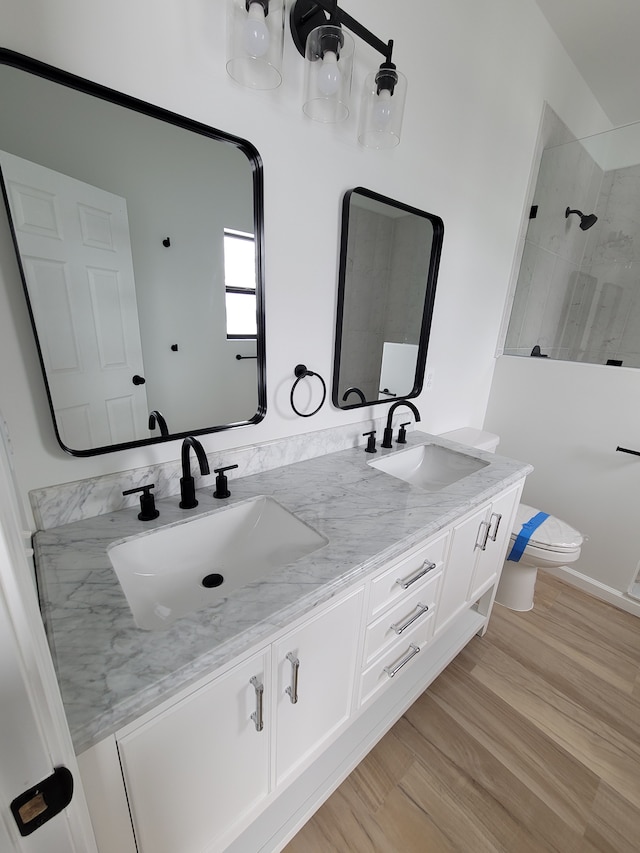 bathroom featuring double vanity, wood finished floors, a sink, and toilet