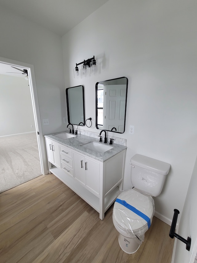 bathroom featuring wood finished floors, a sink, toilet, and double vanity