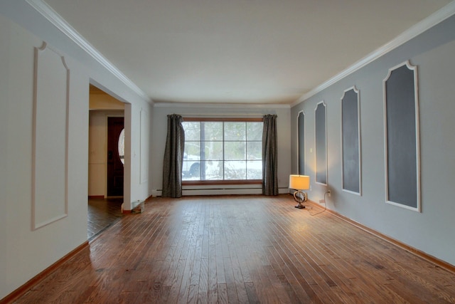 unfurnished room featuring a baseboard heating unit, dark hardwood / wood-style flooring, and ornamental molding