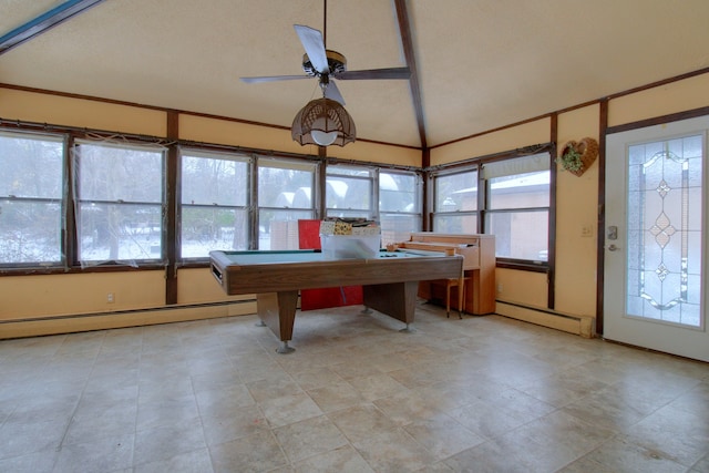 rec room with ceiling fan, pool table, lofted ceiling, and a baseboard heating unit