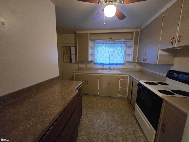 kitchen with electric stove, crown molding, sink, and ceiling fan