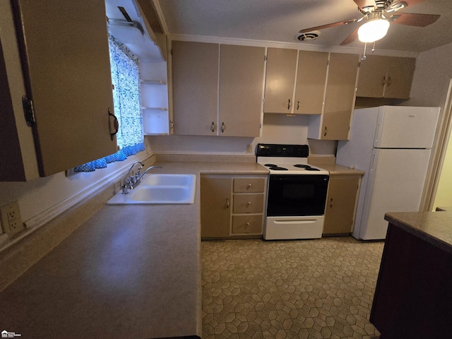 kitchen with ceiling fan, white appliances, sink, and ornamental molding