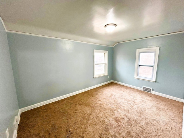 carpeted spare room featuring a healthy amount of sunlight, ornamental molding, and vaulted ceiling