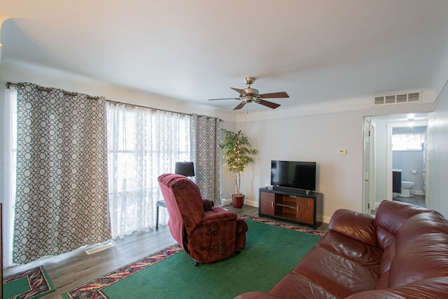 living room featuring ceiling fan and wood-type flooring