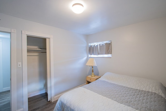 bedroom featuring dark wood-type flooring and a closet