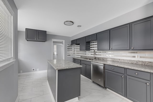 kitchen featuring stainless steel dishwasher, backsplash, a kitchen island, and sink