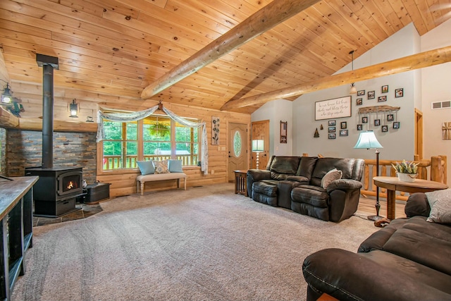 living room featuring carpet flooring, beam ceiling, high vaulted ceiling, wooden ceiling, and a wood stove