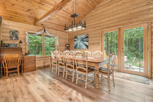 dining room featuring wood ceiling, beamed ceiling, light hardwood / wood-style floors, and high vaulted ceiling