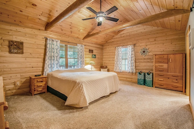 bedroom featuring carpet flooring, wood walls, and wooden ceiling