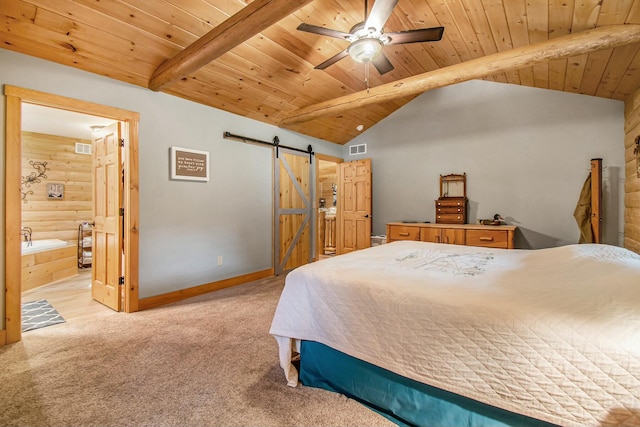 carpeted bedroom featuring ceiling fan, wooden ceiling, a barn door, lofted ceiling with beams, and wood walls