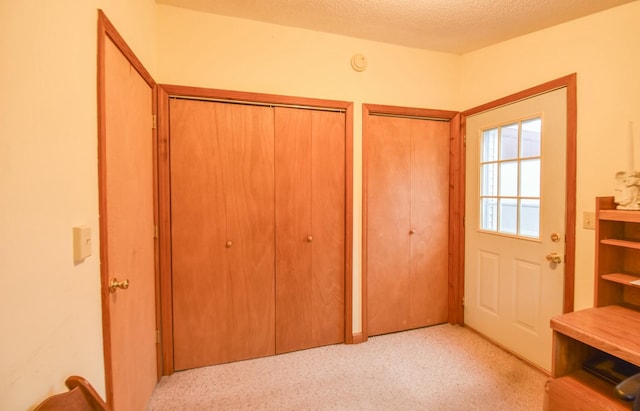 entryway featuring light colored carpet and a textured ceiling