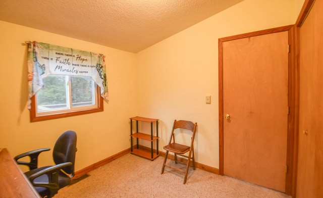 office area featuring a textured ceiling, light carpet, and vaulted ceiling