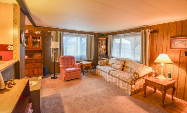 living room with carpet flooring, plenty of natural light, and wooden walls