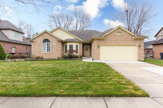 ranch-style house with a garage, a front yard, and concrete driveway