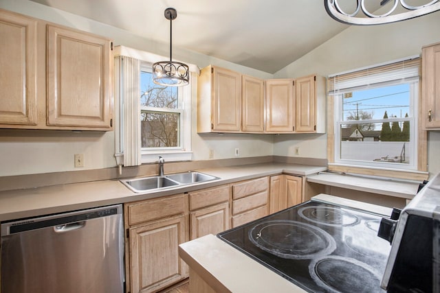 kitchen with dishwasher, lofted ceiling, an inviting chandelier, sink, and decorative light fixtures