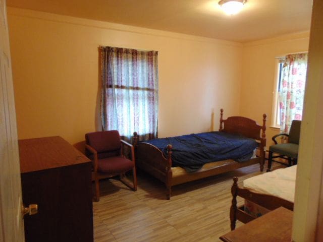 bedroom with multiple windows and light hardwood / wood-style floors