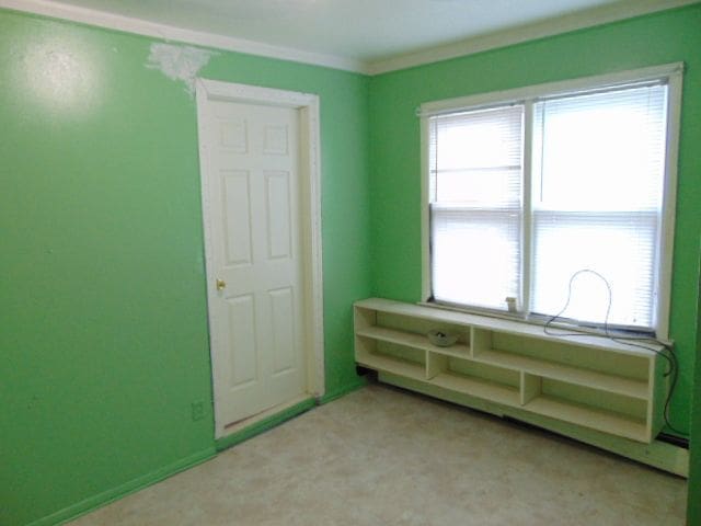 misc room with light carpet and ornamental molding