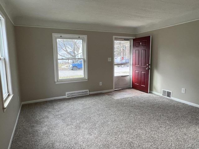 unfurnished room with light colored carpet and a textured ceiling