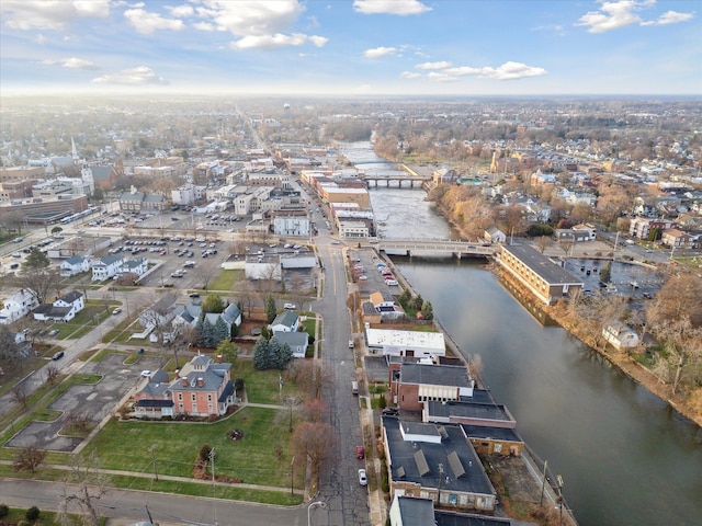 bird's eye view with a water view