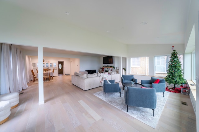 living room featuring lofted ceiling and light hardwood / wood-style flooring