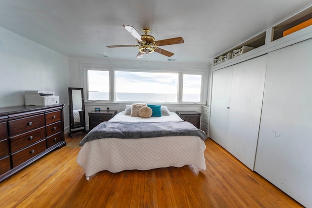 bedroom with a closet, light hardwood / wood-style floors, and multiple windows