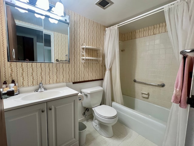 full bathroom with shower / tub combo, vanity, toilet, and tile patterned floors