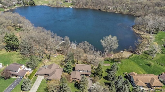 drone / aerial view with a water view