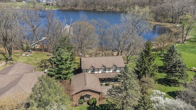 drone / aerial view featuring a water view