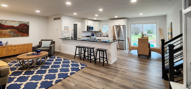 living room with sink and dark wood-type flooring