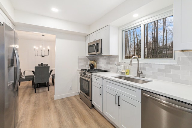 kitchen featuring backsplash, stainless steel appliances, sink, light hardwood / wood-style flooring, and white cabinetry