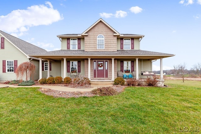 country-style home with a front yard and a porch