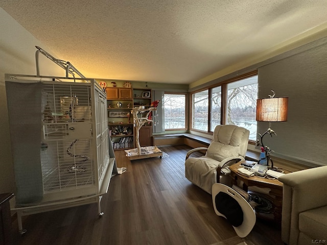 living room featuring hardwood / wood-style flooring and a textured ceiling