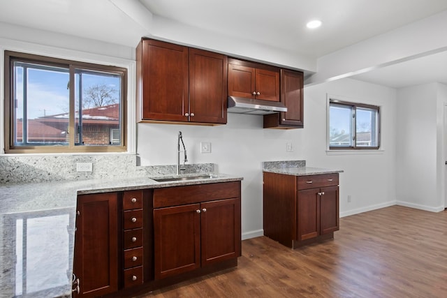 kitchen featuring light stone countertops, dark wood-type flooring, a healthy amount of sunlight, and sink