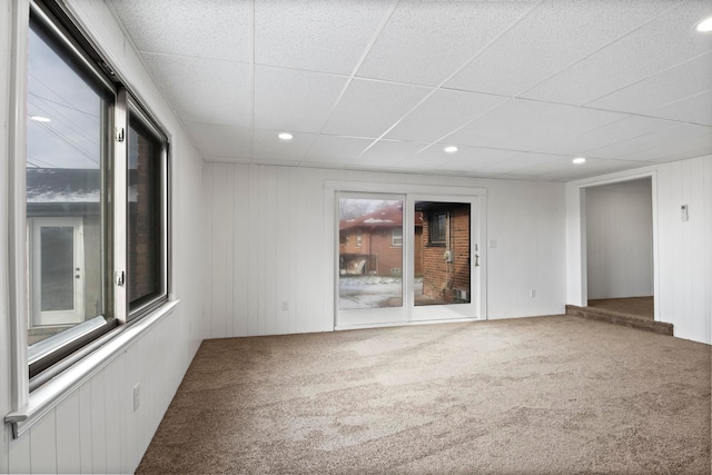 carpeted empty room with a wealth of natural light and wooden walls