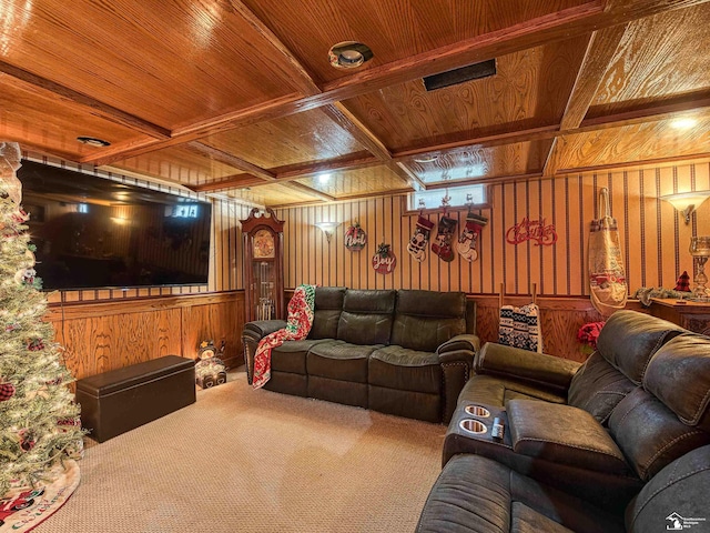 carpeted living room featuring coffered ceiling, beam ceiling, wooden ceiling, and wood walls