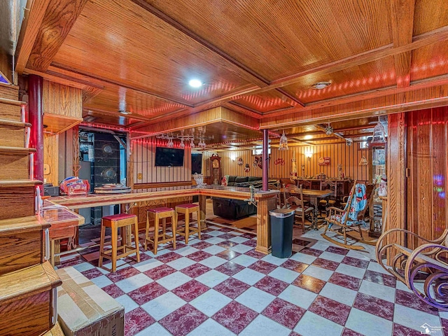 recreation room featuring bar area, wood walls, and wood ceiling